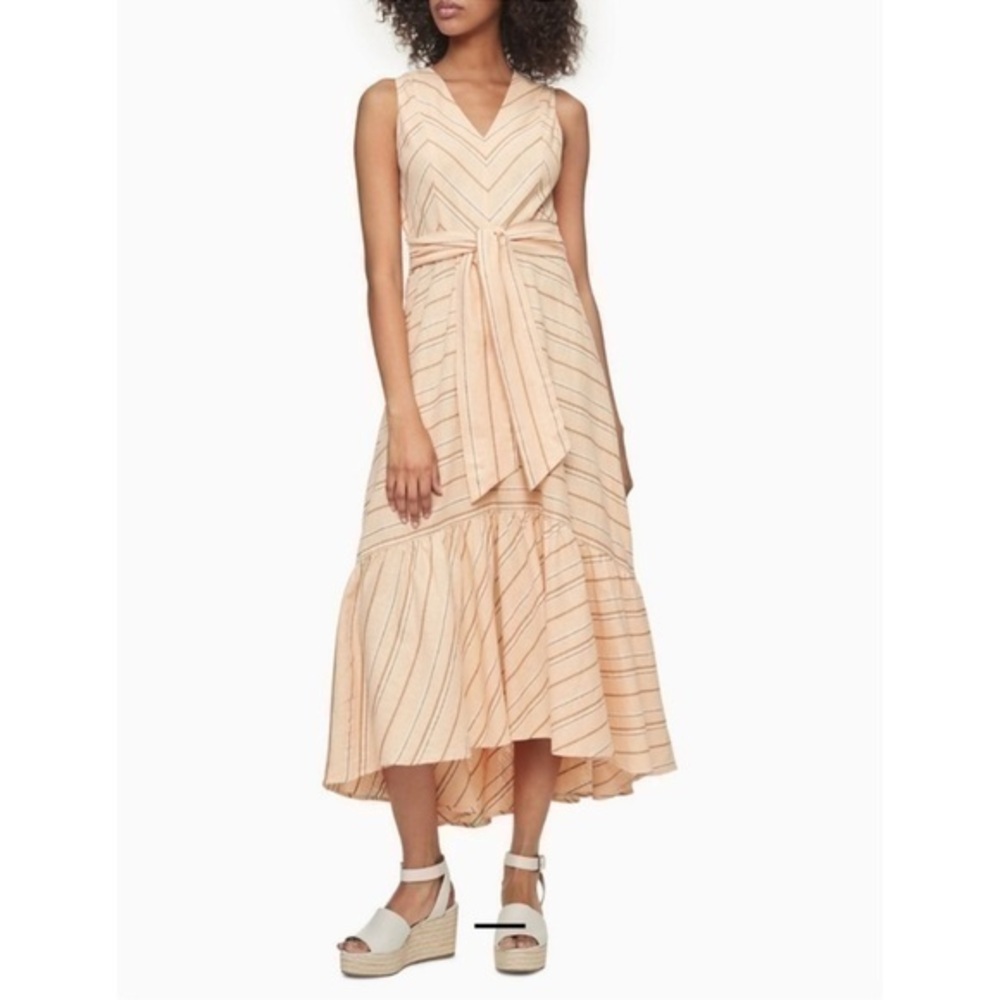 Calvin Klein Linen/Cotton Sleeveless V-Neck Striped Belted Dress Orange Size 4